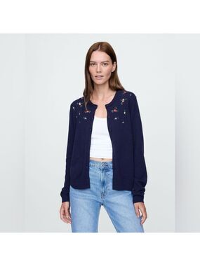 Gap Navy Blue Embroidered Floral Button-Down Sweater - Size XS
